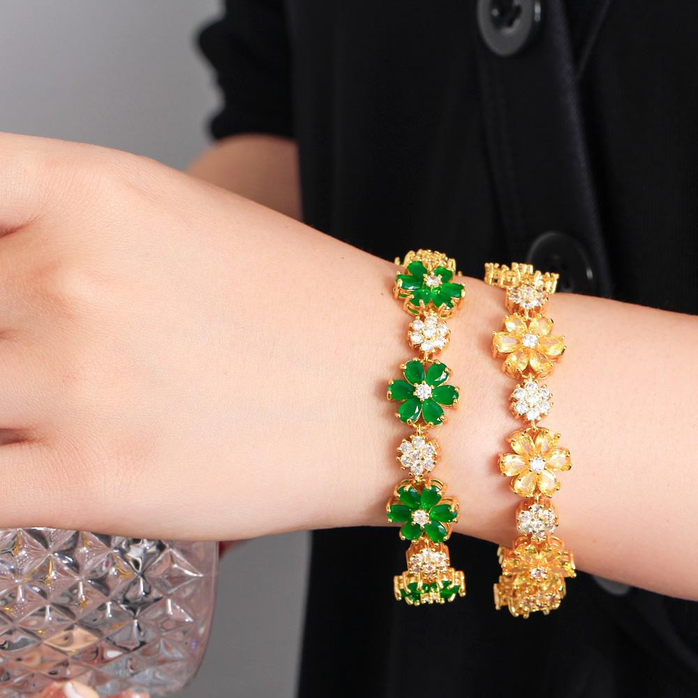 CMM Gorgeous Gold Color Green Cubic Zirconia Flower Charm Link Women Wedding Party Bracelets Jewelry Gift