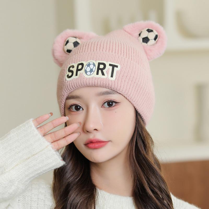 

Cartoon Football Sports Ears Warm Wool Hat Female Student Outdoor Jacket Hat Knitted Head Thickened Cold Hat One Size Elastic