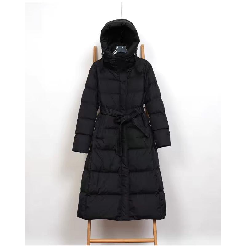 Autumn and Winter New Long Down Jackets for Women Over the Knee, Hooded Waist and Thin High-end Warm Jacket