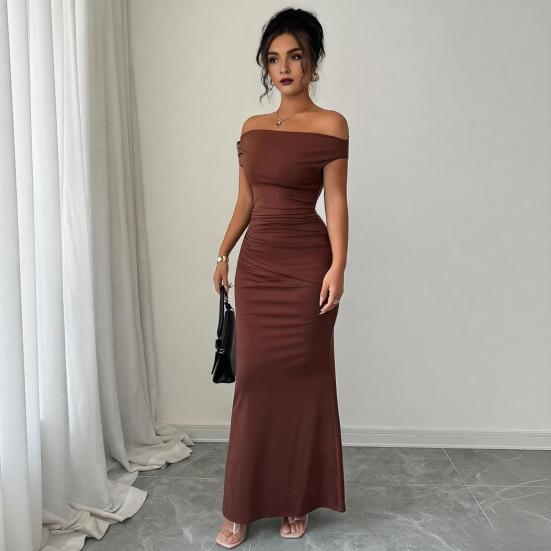 Off The Shoulder Maxi Dress for Women Ruched Fishtail Sexy Bodycon Long Dress with Metal Accent Wedding Guest Party Evening Gown