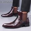 Men’s Chelsea Motorcycle Boots Short Leather Boots Casual Black Ankle Boots Wine Red Pointed Shoes Plus Size