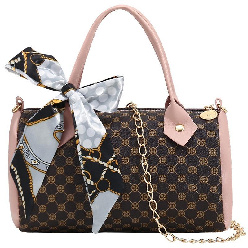 Retro Fashion Silk Scarf Printed Shoulder Crossbody Portable Women's Bag New Chain Cylinder Bag