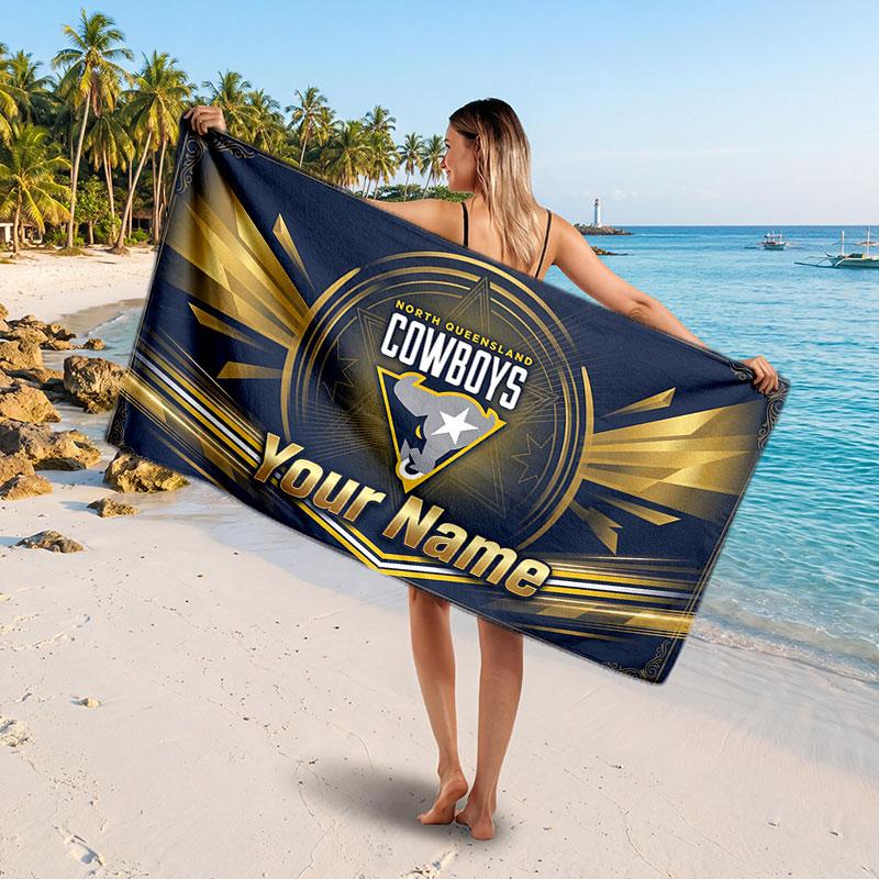 North Queensland Cowboys Customized Name Text Beach Towel, Soft Absorbent Towel Beach Pool Travel Personal Gift