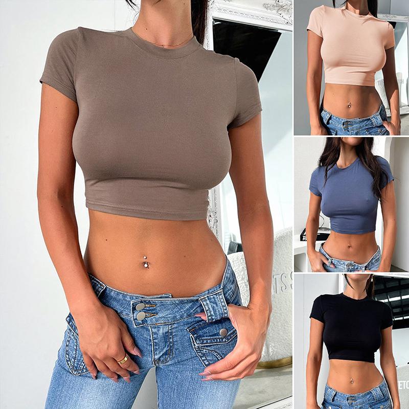 

Y2K Ladies Summer Round Collar Solid Color Slim Fit Pullover Midriff-baring T Shirt Crop Top XL