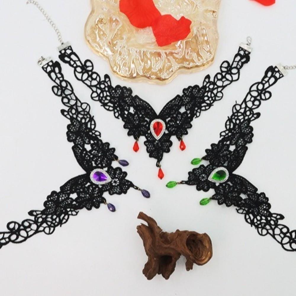 Pendant Lace Flower Necklace Rhinestone Halloween Clavicle Choker  Gothic Accessories