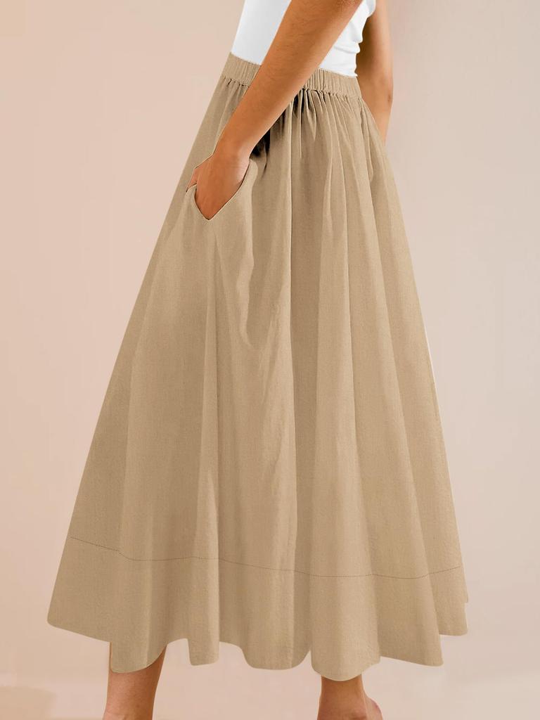 Women's Elastic High Waist A Line Midi Skirt Pleated Flowy Swing Skirt with Pockets