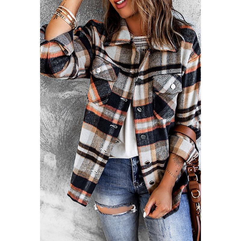 Women Vintage Plaid Long Sleeve Shirt Loose Color Collision Lapel Tops Jacket