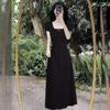 Summer New Hepburn Style Temperament Square Neck Pleated Black Dress Children Thin Design Small Black Dress