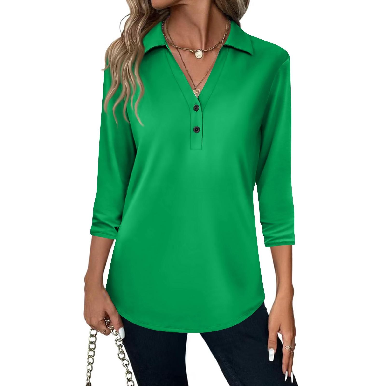 

Женская модная повседневная рубашка с лацканами и рукавом 3/4, однотонная, женские топы на пуговицах с V-образным вырезом M зелёный