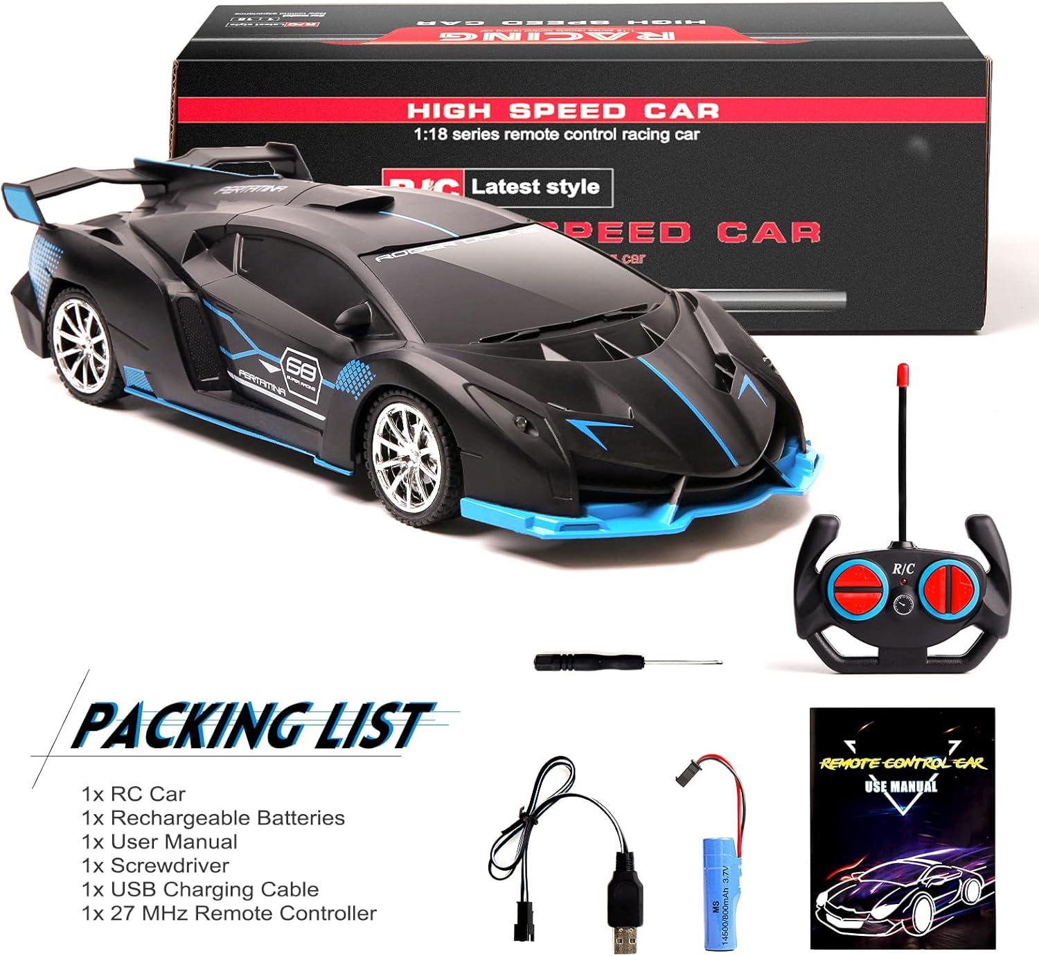 

Машинка с дистанционным управлением 2,4 ГГц, перезаряжаемая, высокоскоростная, 1/18, радиоуправляемые машинки, игрушки, гонки, хобби, с фарами, рождественские подарки на день рождения для детей синий/чёрный