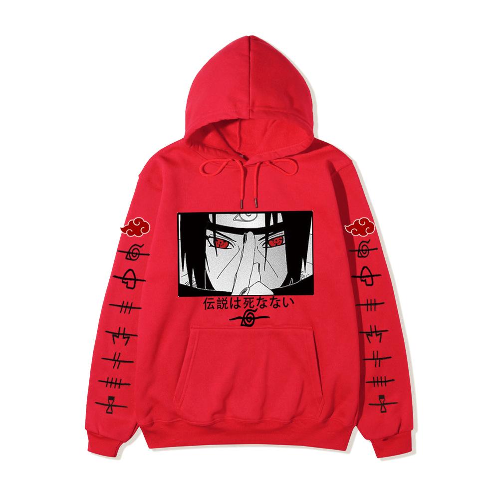 Anime Naruto Itachi Uchiha Hoodie Double Sleeve Akatsuki Cloud & Symbol Print Sharingan Character Front Print Pullover Sweatshirt Men Women Streetwear
