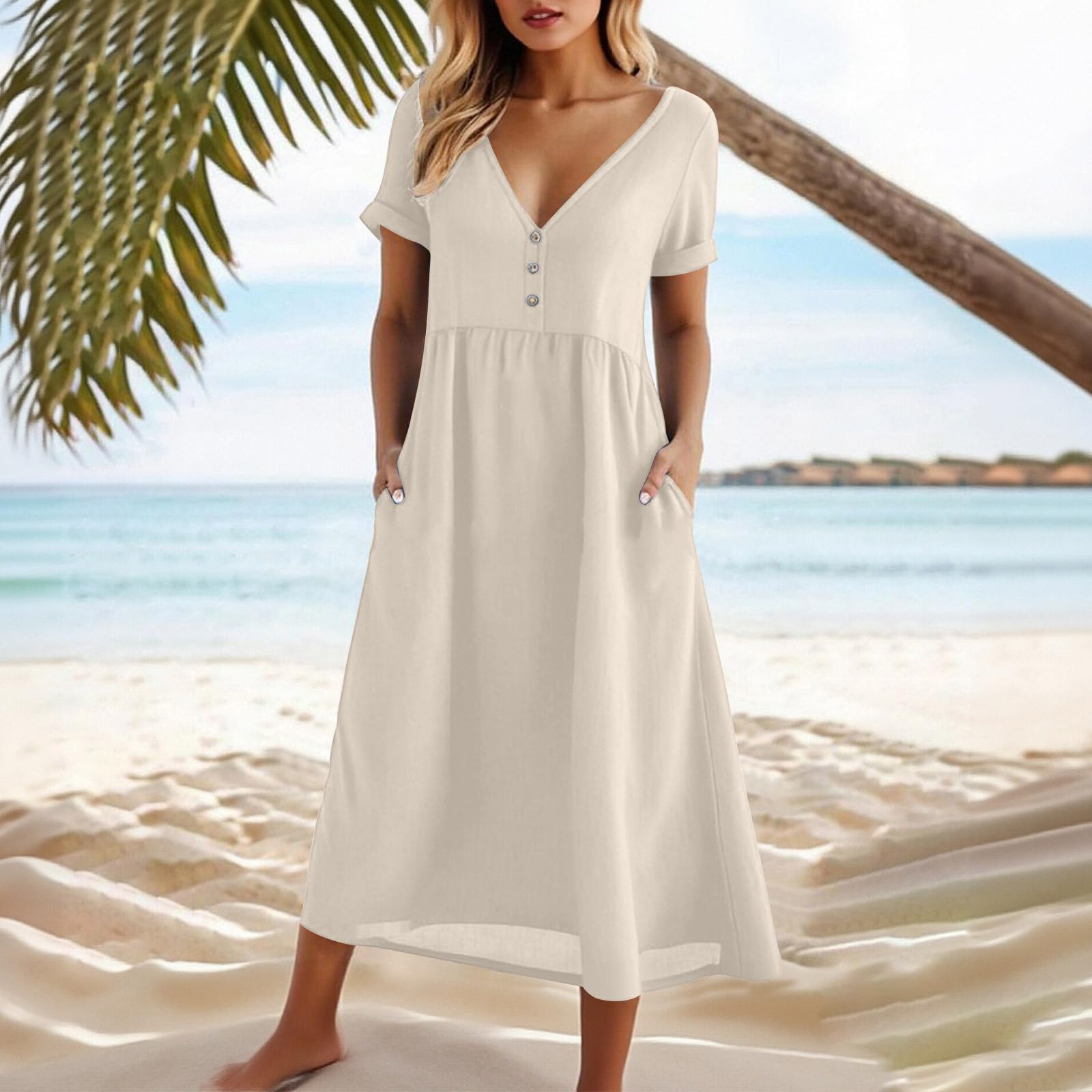 

Women s V-neck -Color Casual Short-Sleeve Loose-Fit Dress With Pockets L бежевый