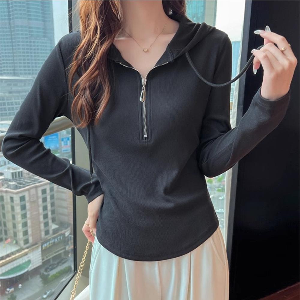 Women's Slim-Fit Half-Zip Cotton Hoodie - Long-Sleeve Versatile Casual Top for Autumn/Winter