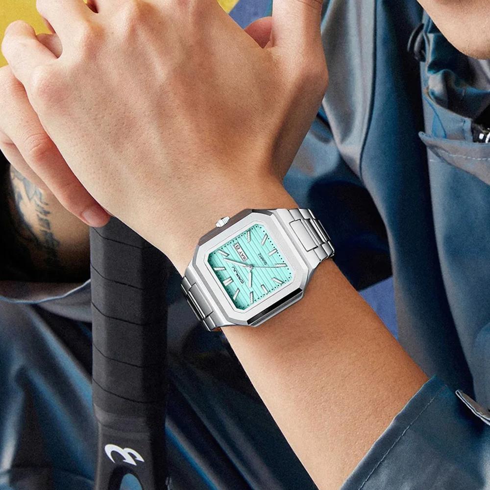 Luxury Men's Quartz Watch Square Case Day Date Display Stainless Steel Wristwatch