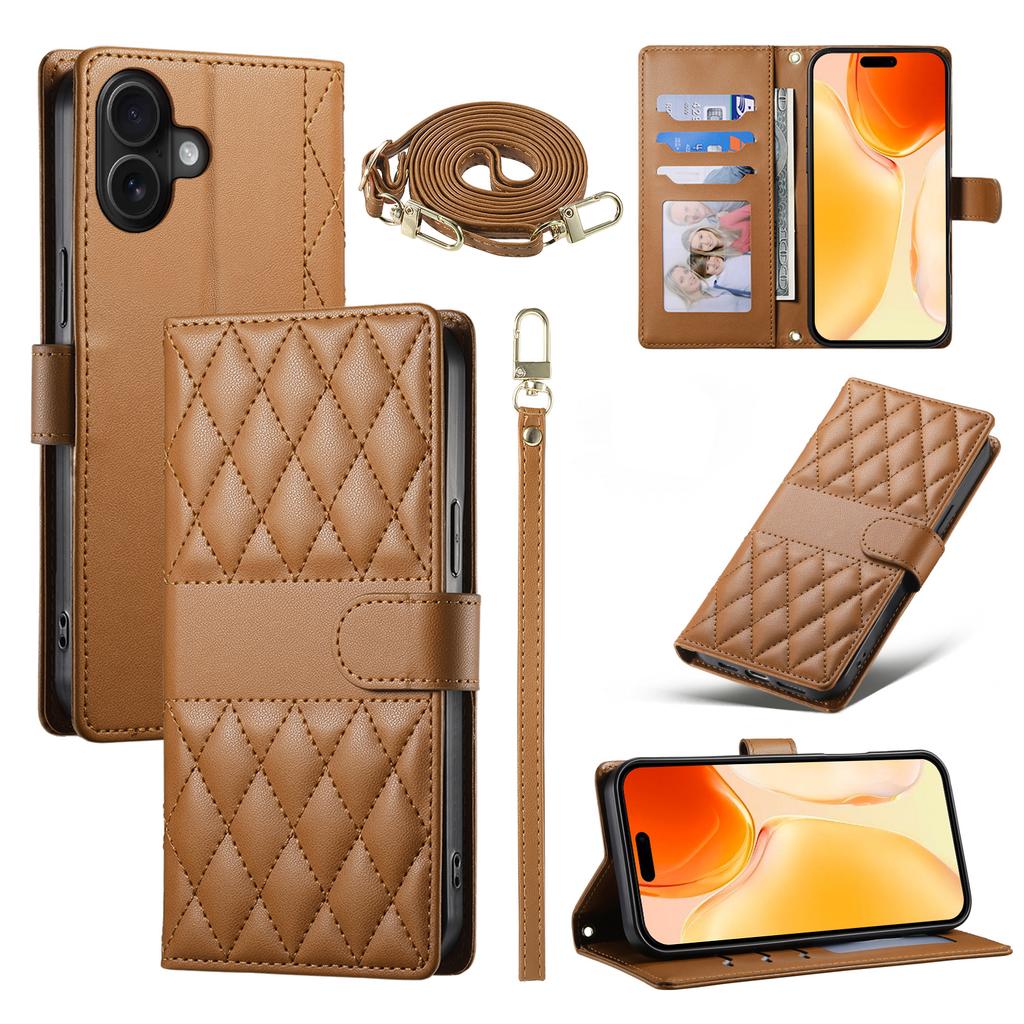 For iPhone 17 Case Rhombus Stitching Wallet Stand Leather Phone Cover with Long/Short Strap