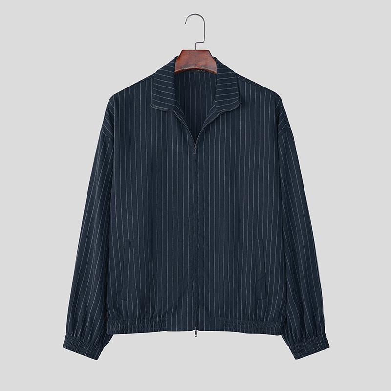 INCERUN Men Lapel Neck Long Sleeve Striped Casual Zip-up Thin Jackets Coats