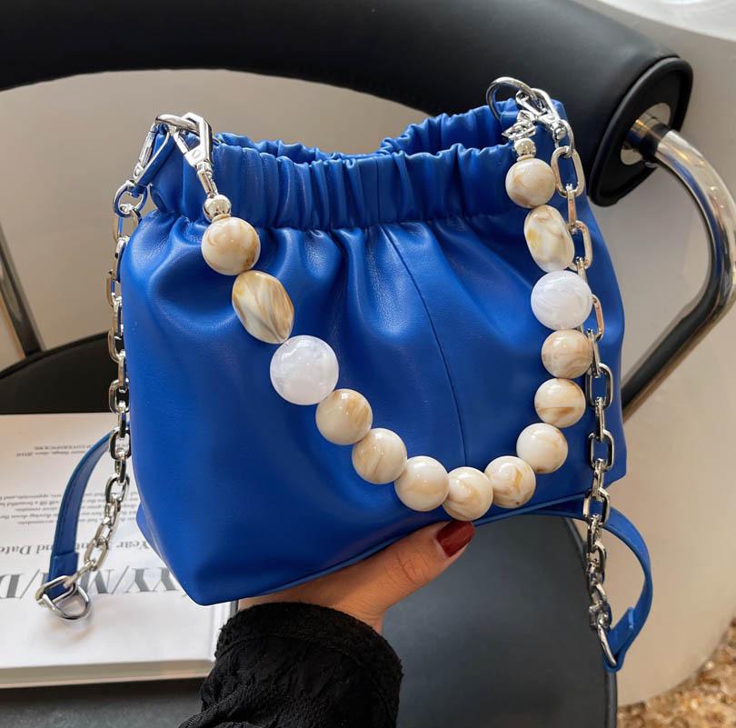 Cheap Women's Fashion Beads Shoulder Bag Solid Bucket Bag Metal Chain