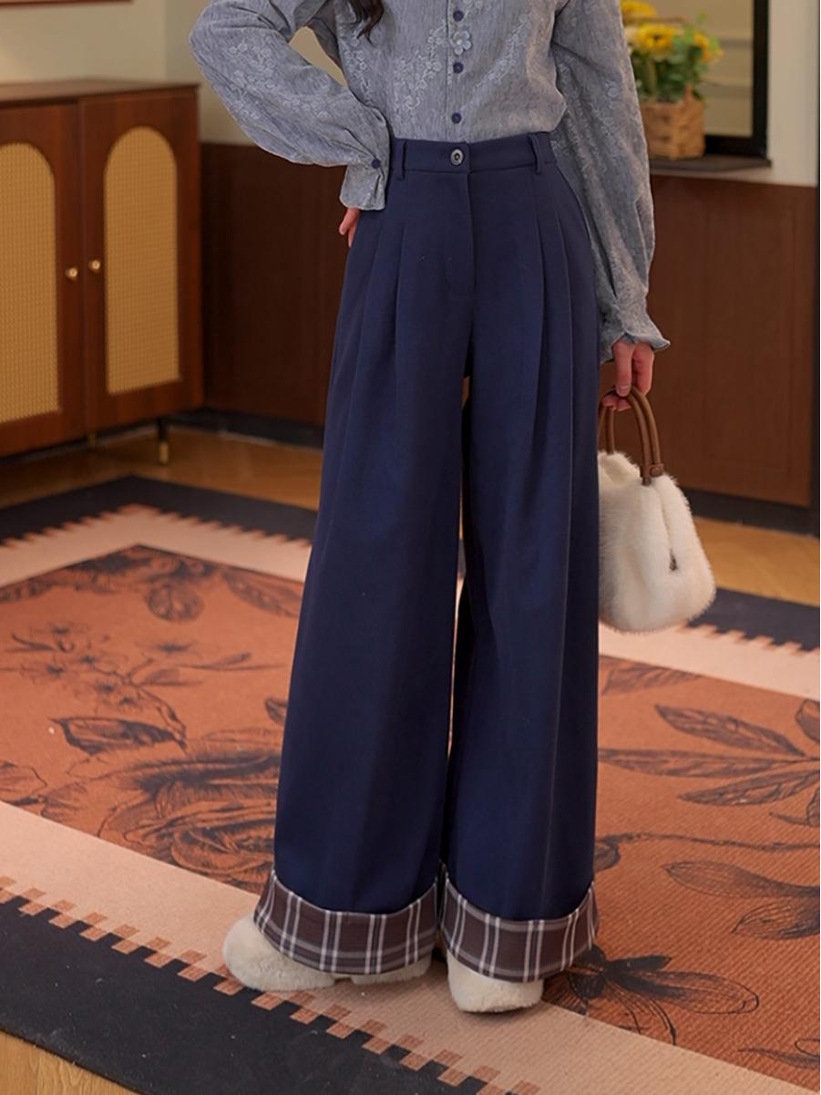 DaYuanSAD Women s High-Waisted Ruffled Plaid Wide-Leg Pants #G15207 XL темно-синий
