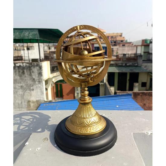 Armillary Sphere Brass Astrolabe On Wood Base ~Maritime Nautical Collectible ~ Table Décor Celestial Globe Retro Gift