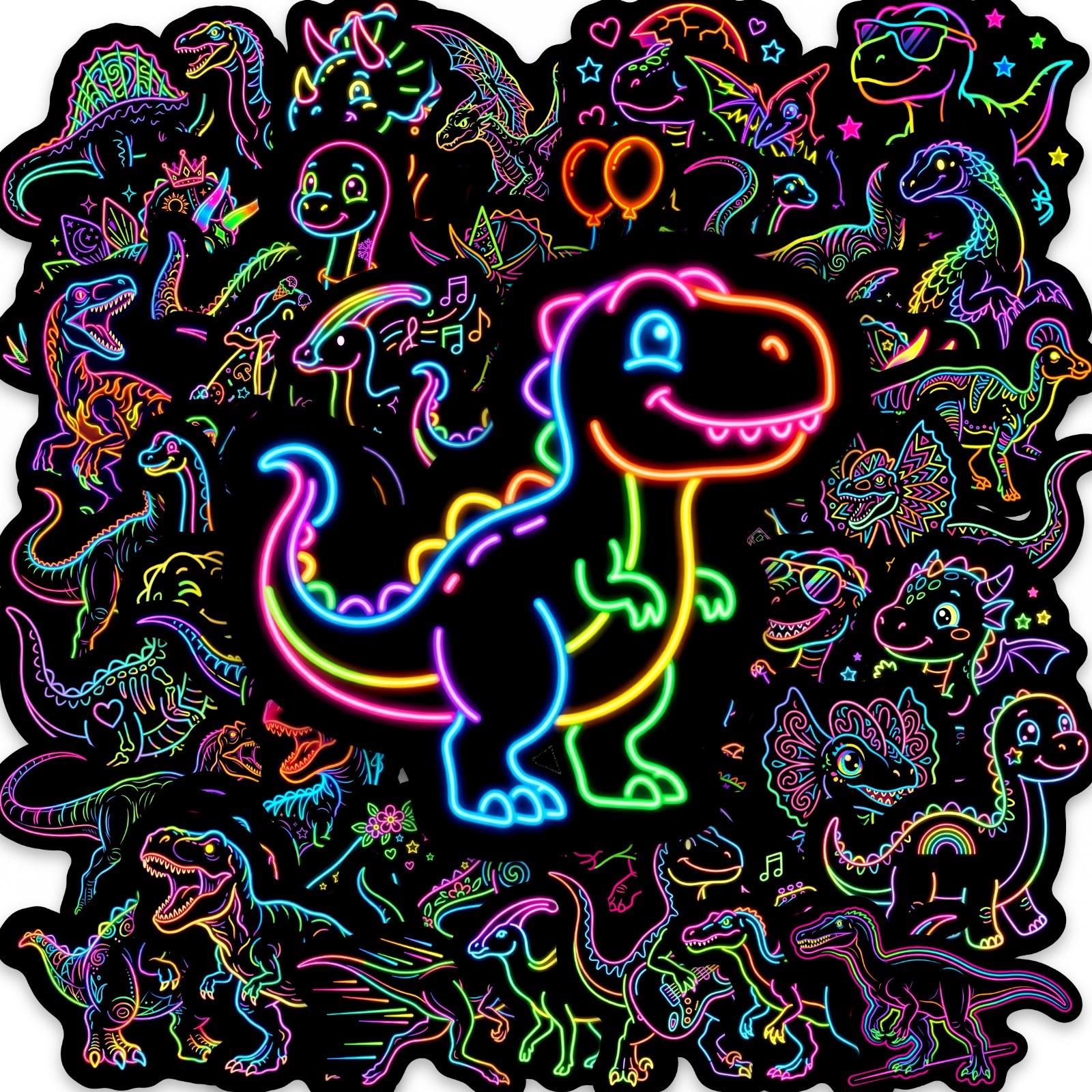 

50 Super Cool Color Neon Dinosaur Stickers Black Glow Children S Boys Handbook Luggage Decoration Artifact