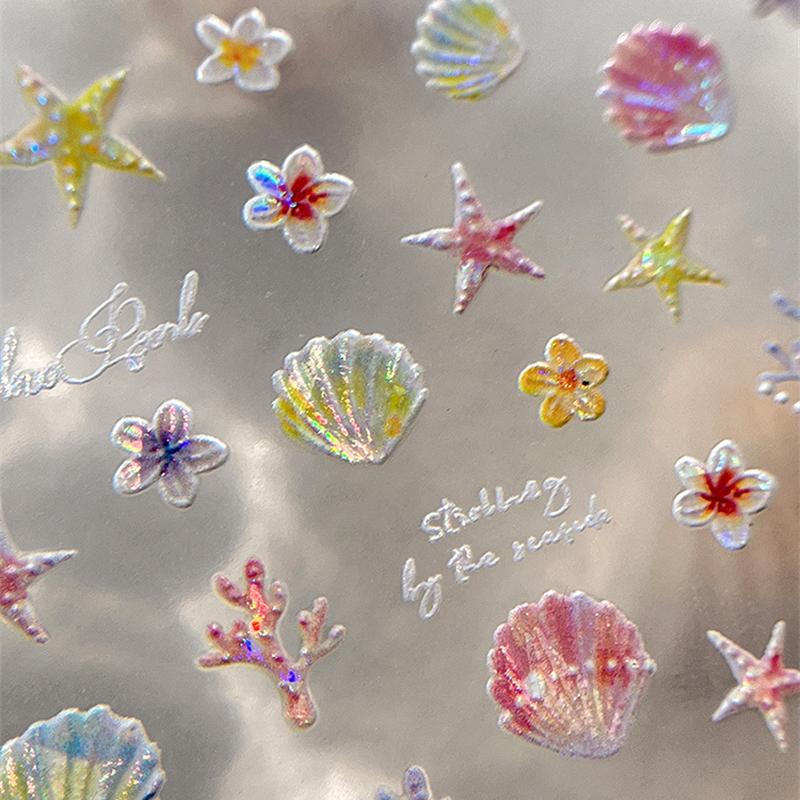 Ocean Theme 5D Nail Sticker Summer Beach Seashells Starfish Conch Scallop Shell Coral Self Adhesive Decoration Manicure Decal