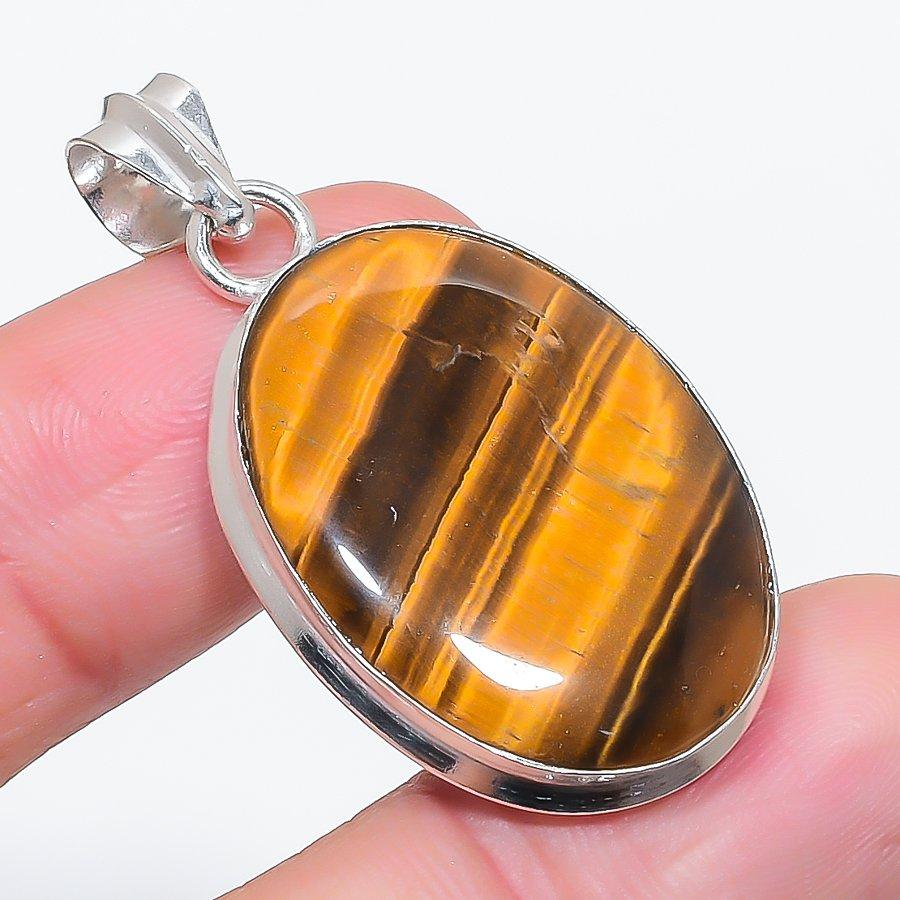 Natural Tiger Eye Gemstone 925 Sterling Silver Jewelry Pendant 1.77" B6T96