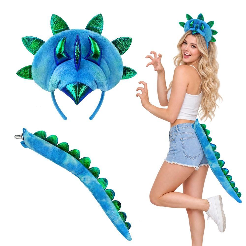 Glitter Spikes Dino Headband Tail Set Plush Dinosaur Dress Up Accessory Halloween