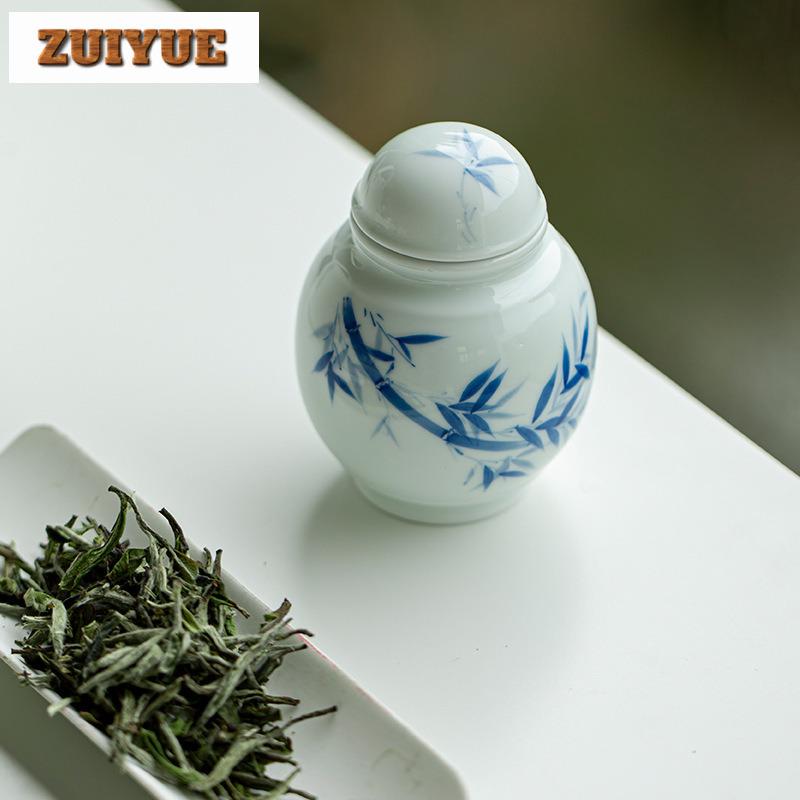 Hand-painted Bamboo Blue And White Tea Box Organizer Moisture-proof Elegant Storage Tank Containers Tea Caddy Tea Collection