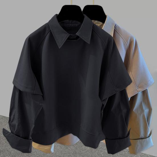 Men Shirt Lapel Long Sleeve Solid Color Splicing Fake Two-Piece Design Pullover Tops Loose Fit Casual Shirt Work Wear