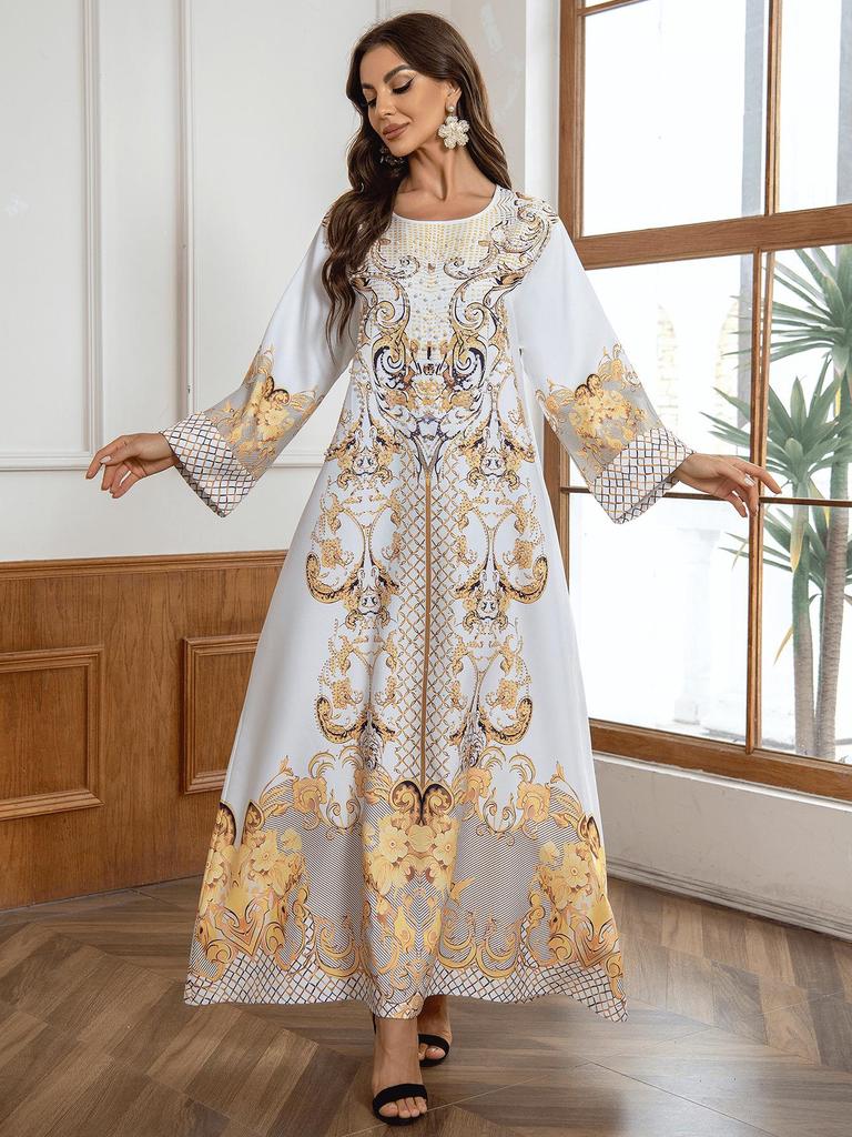 ZD025 Stylish Muslim Women's Beaded Print Robe Dress