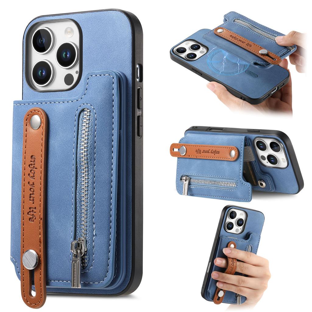 For iPhone 16 Pro Max Case Zipper Card Holder Leather+TPU+PC Phone Cover 2-in-1 Magnetic Detachable
