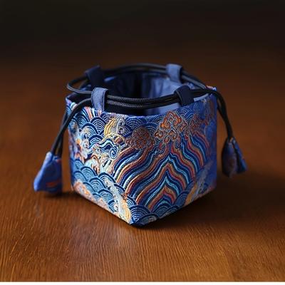 Elegant Chinese Pattern Satin Jacquard Tote Bag - Zen-Inspired, Classic Design with Blue & Golden Floral Print, Perfect for Parties, Business Gifts