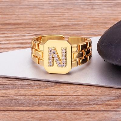 New Arrival Fashion Gold Color Initial Ring Open Design Adjustable Hot Sale Watchband Chain A-Z Letters Zircon Rings For Women