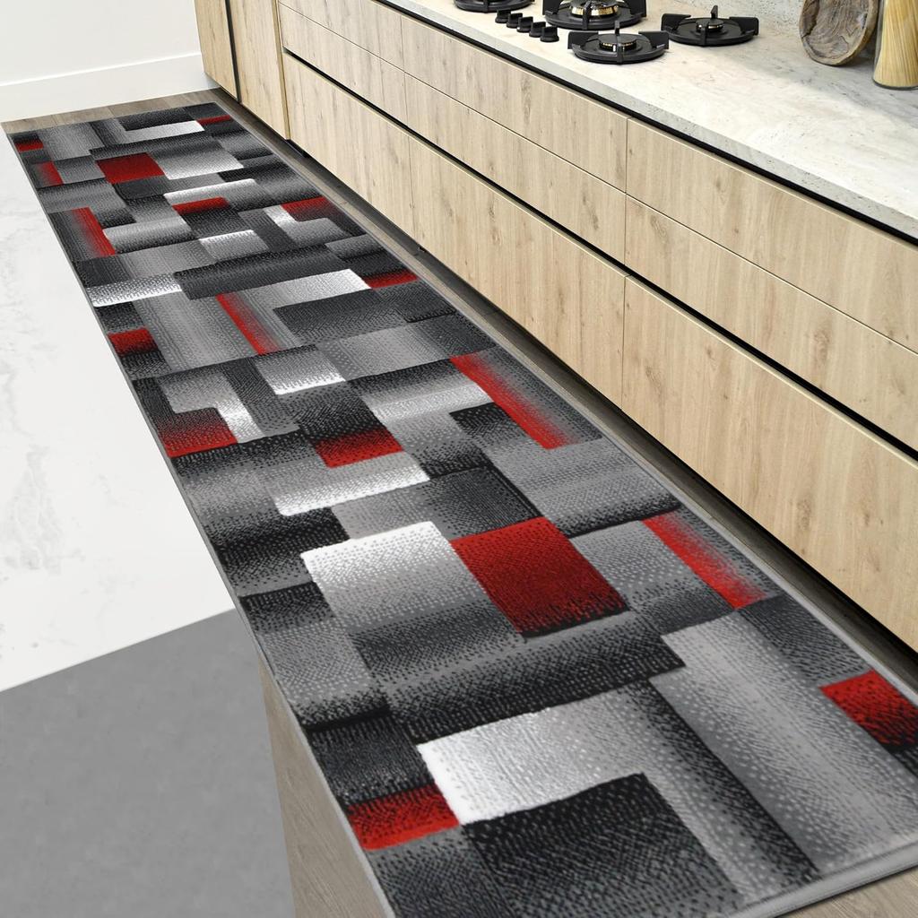 Runner Green BlackGray Abstract Geometric Modern Squares Pattern Area Rug - Contemporary Styling for Living Room, Bedroom