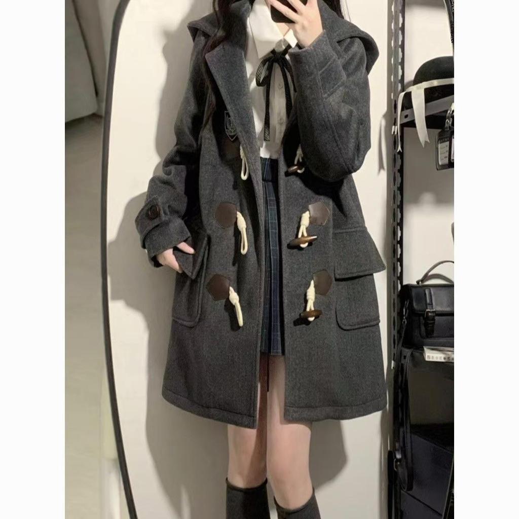 Japanese JK Academy Style Mid-Length Woolen Toggle Coat, Spring/Autumn 2025