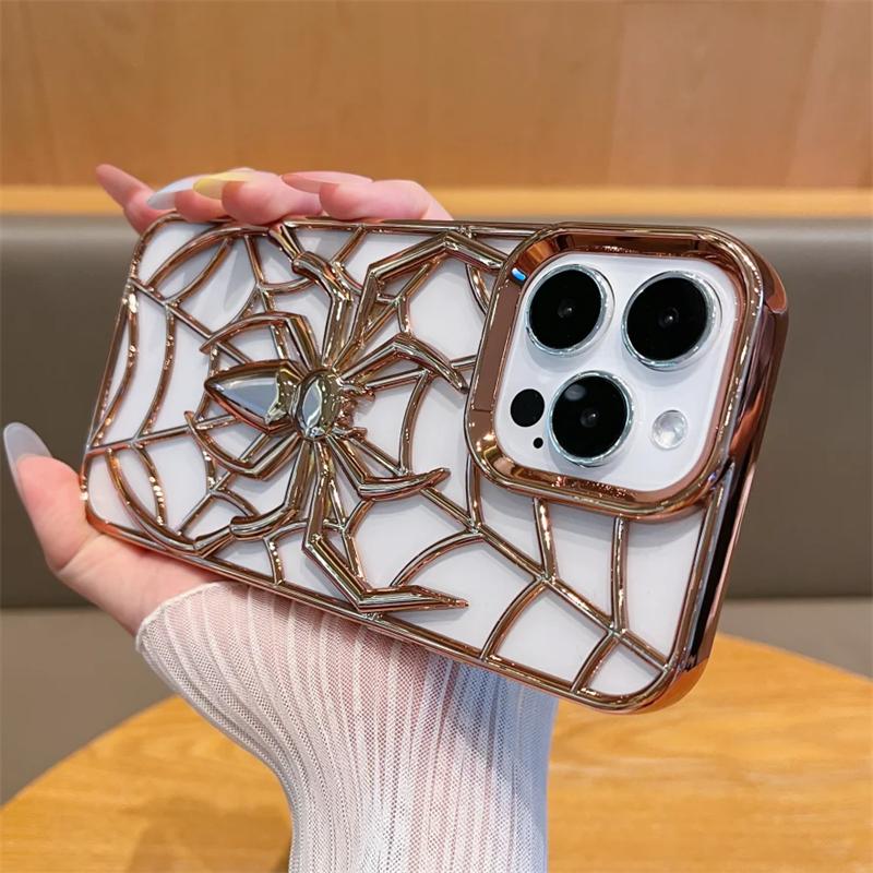 Funny 3D Hollow Spider Case for iPhone 16 15 14 13 12 11 Pro Max Soft TPU Plating Heat Radiation Cover for iPhone 14 15 16 Plus