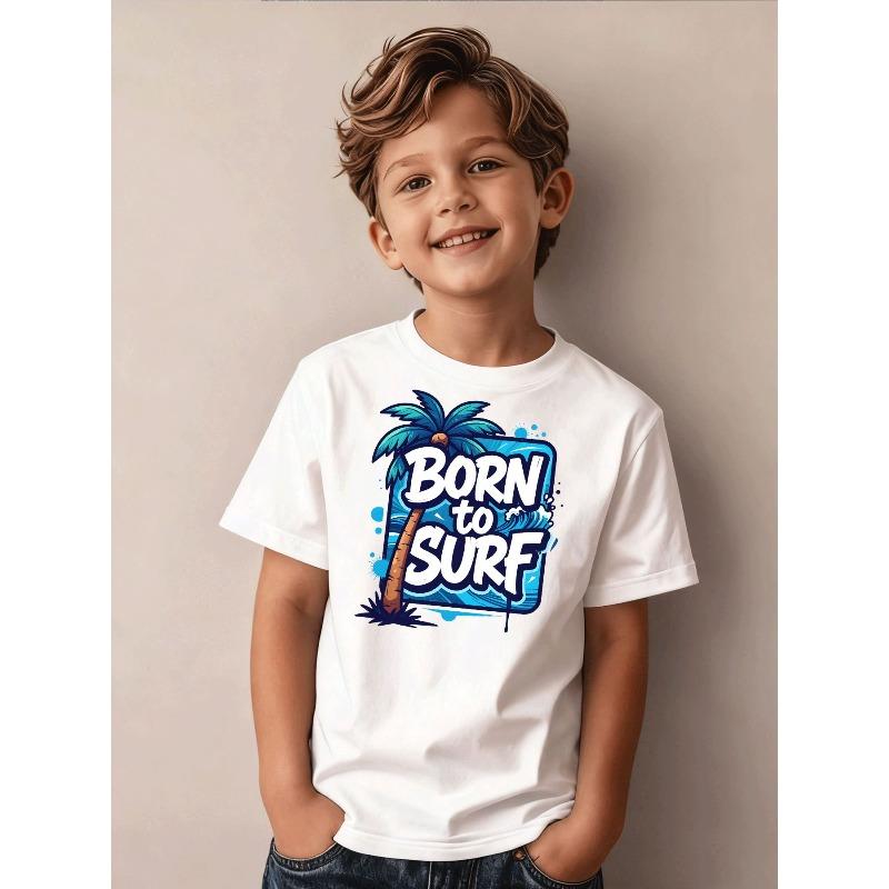 European sizes Boys' Clothing Casual Trendy Born to Surf Graphic T-Shirt with Coconut Tree Wave Print Kids Wear for Boys Daily Wear Sportswear