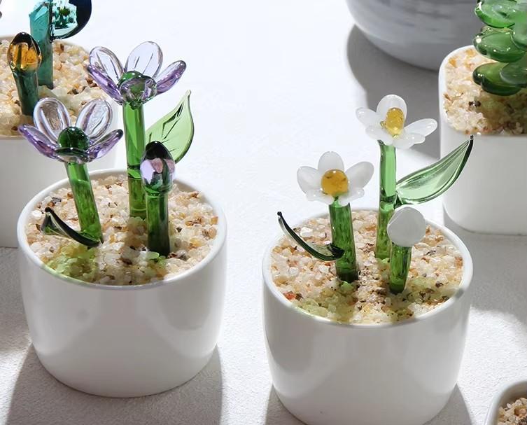 Handmade Glass Blown Cactus Cute Crystal Art Cactus Statue Collection Desk Desktop Simulation Plant Decoration