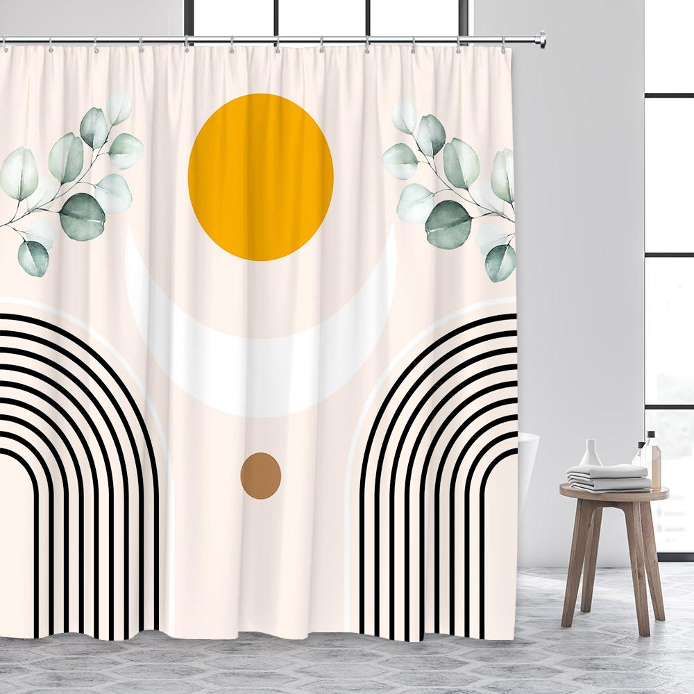 Mid Century Shower Curtains Watercolor Green Leaves Black Line Creative Geometric Modern Bathroom Curtain Polyester Decor