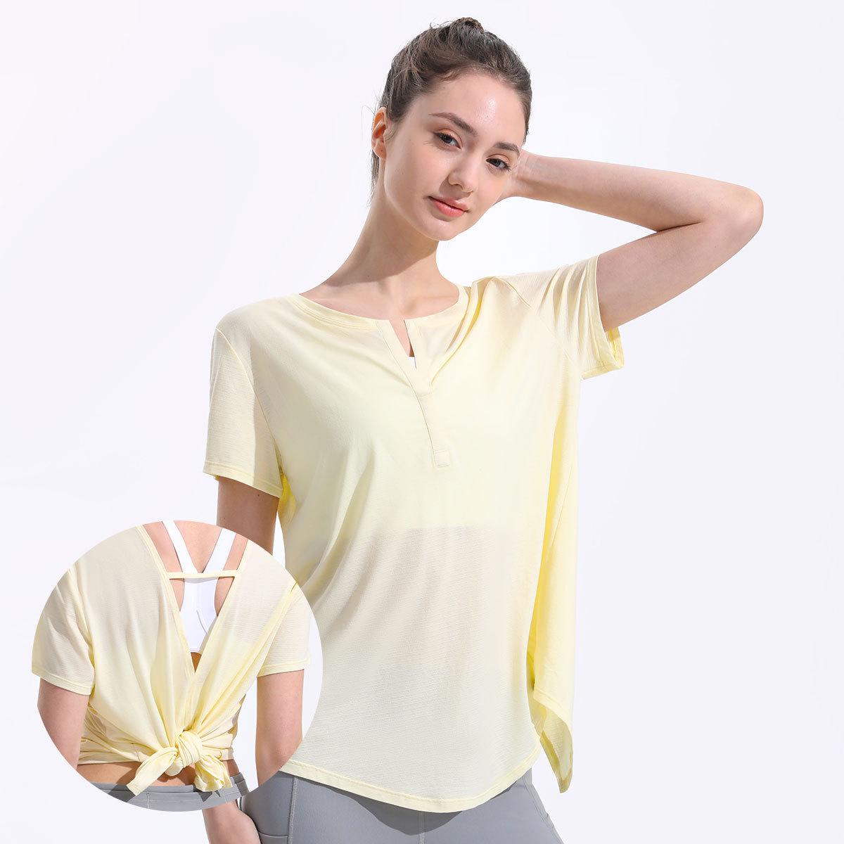 

Женский летний топ для йоги с V-образным вырезом и короткими рукавами - Влагоотводящий, Быстросохнущий, Разрез на спине Medium