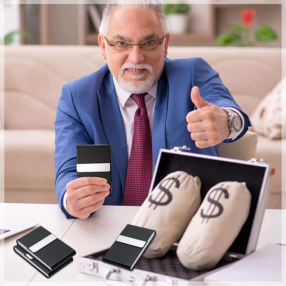 New PU Leather Business Card Case Metal Slim Pocket Card Holder with Magnetic Shut