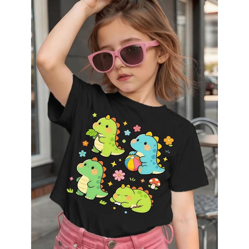 Girls' Short-Sleeve Casual T-Shirt with Cute Cartoon Dinosaur Print for Spring, Summer, and Fall