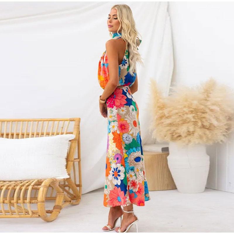 Colorful Flower Printed Dress Women Long Sleeve O-neck Strap Waist Lace Up Backless Dresses Female Fashion Holiday Lady Robe