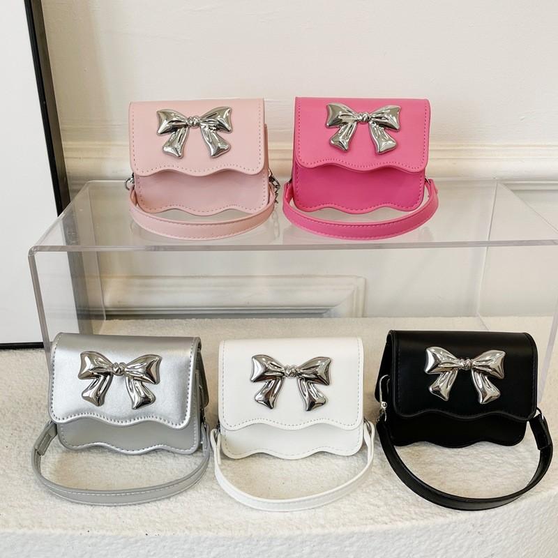 Cute Color Solid Silver Bow Decoration Kid Mini Shoulder Chain Bag Daily For