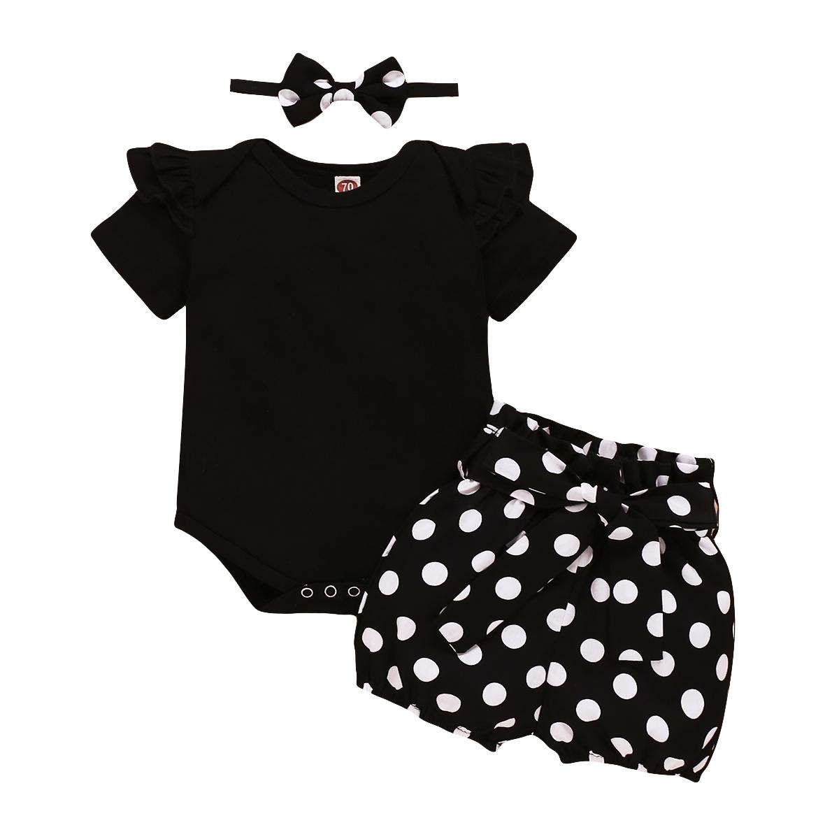 0-18Months Infants Baby Girl Set Black Short Sleeve Bodysuit+Polka Dot Shorts+Headband Toddler Girl Summer Fashion 3PCS Clothing 0-3M чёрный