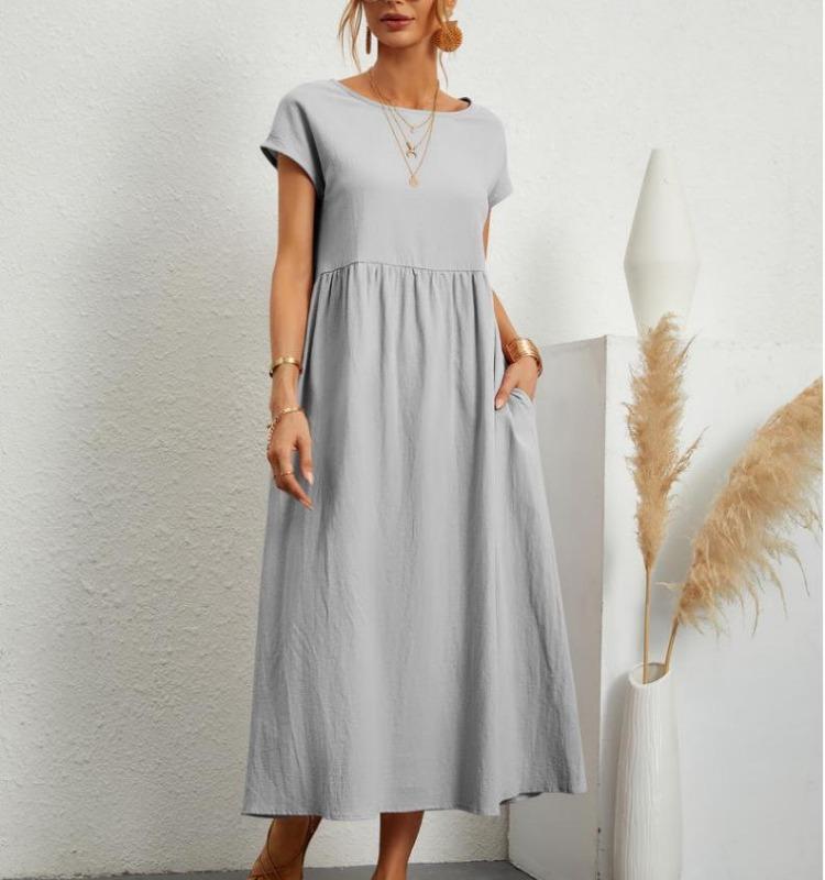 Summer Women Casual Loose Fit Sleeveless Cotton Linen Solid Color Pocket Dress