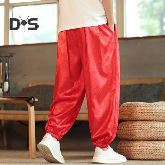 Herren Freizeithose mit Ethno-Vintage-Print, elastischer Bund, Multi-Pocket-Design, Sporthose, Pumphose, Alltagskleidung