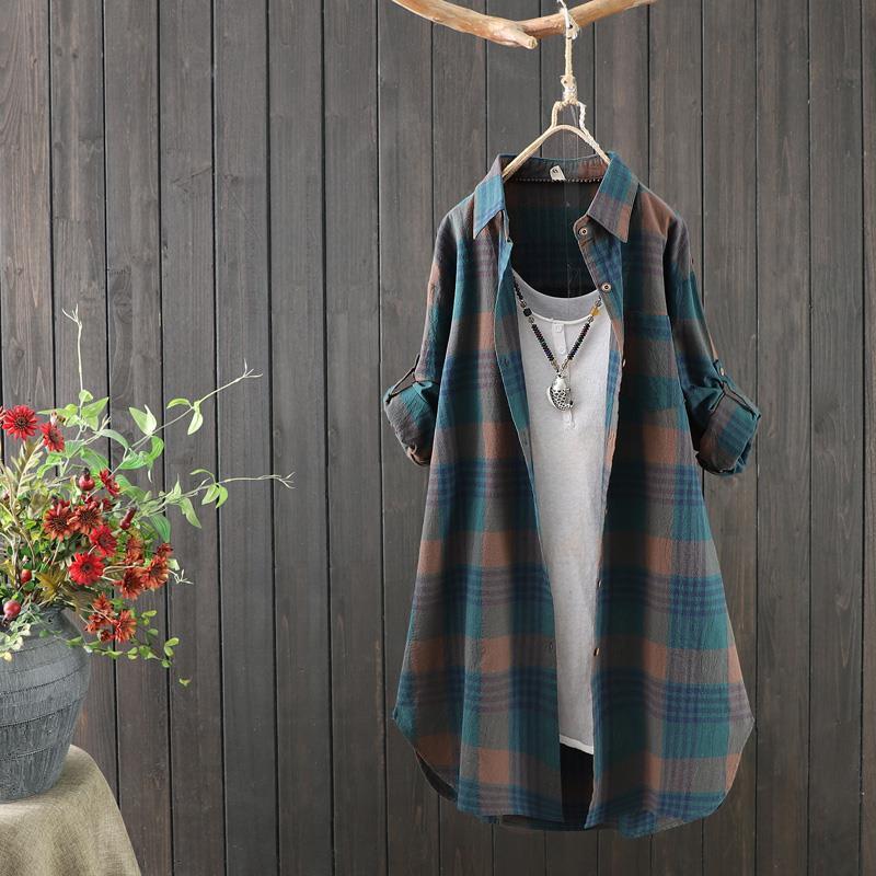 Übergröße Damen Freizeit Karo Knopf Print Langarm Hemd Bluse