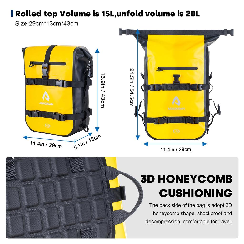 ARMOURAIN Wasserdichte Motorrad-Sitzbanktasche, 15L - Motorrad-Seitentasche, Dry Bag, Werkzeugtasche, Schutzbügeltasche (PVC Gelb, 15L)