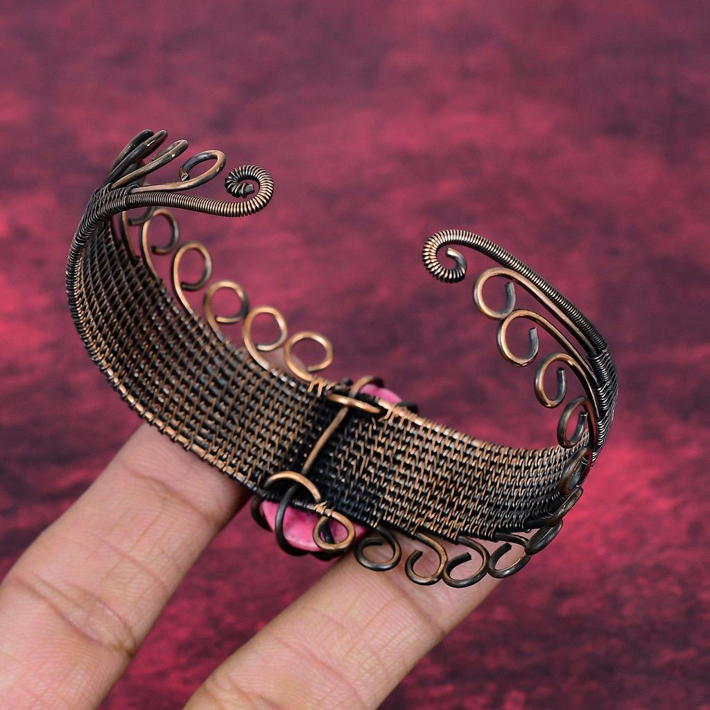 Thulite Cuff Bracelet Copper Wire Wrapped Adjustable Bangle Gemstone Jewelry